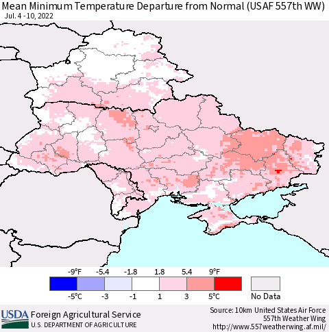 Ukraine, Moldova and Belarus Minimum Temperature Departure From Normal (USAF 557th WW) Thematic Map For 7/4/2022 - 7/10/2022