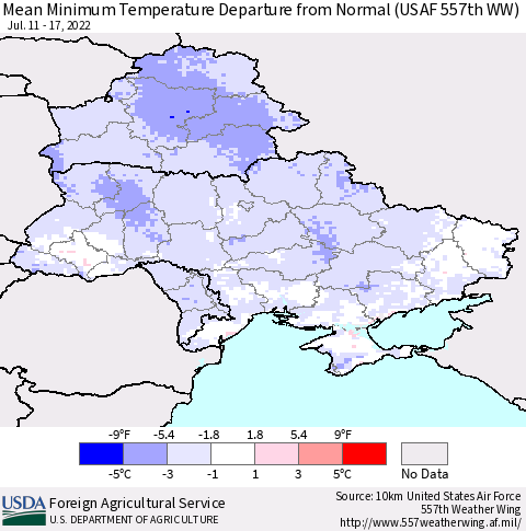 Ukraine, Moldova and Belarus Minimum Temperature Departure From Normal (USAF 557th WW) Thematic Map For 7/11/2022 - 7/17/2022