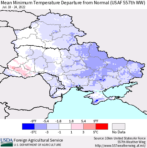 Ukraine, Moldova and Belarus Mean Minimum Temperature Departure from Normal (USAF 557th WW) Thematic Map For 7/18/2022 - 7/24/2022