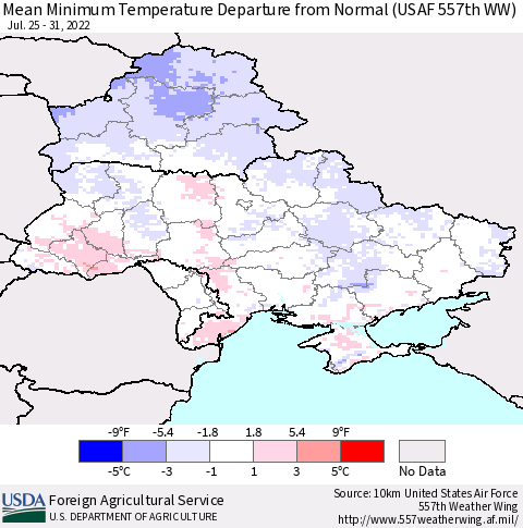 Ukraine, Moldova and Belarus Mean Minimum Temperature Departure from Normal (USAF 557th WW) Thematic Map For 7/25/2022 - 7/31/2022