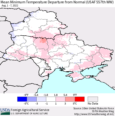 Ukraine, Moldova and Belarus Minimum Temperature Departure From Normal (USAF 557th WW) Thematic Map For 8/1/2022 - 8/7/2022