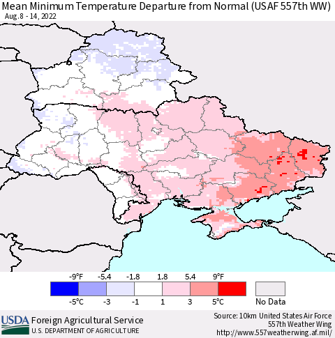 Ukraine, Moldova and Belarus Minimum Temperature Departure From Normal (USAF 557th WW) Thematic Map For 8/8/2022 - 8/14/2022