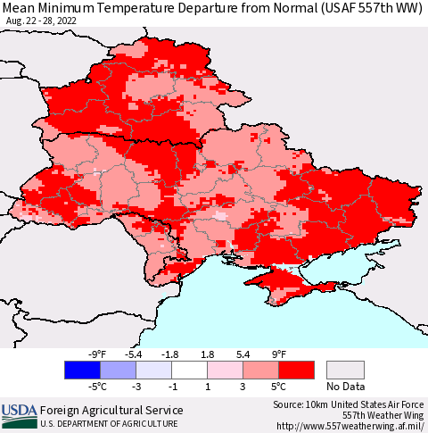 Ukraine, Moldova and Belarus Minimum Temperature Departure From Normal (USAF 557th WW) Thematic Map For 8/22/2022 - 8/28/2022