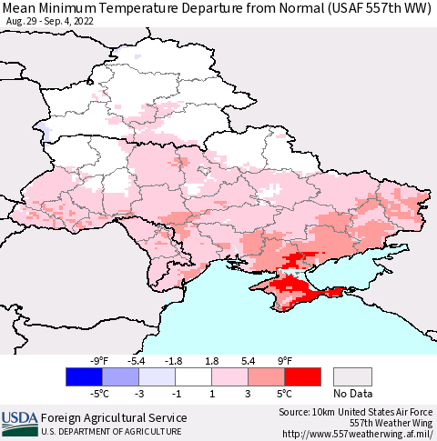 Ukraine, Moldova and Belarus Mean Minimum Temperature Departure from Normal (USAF 557th WW) Thematic Map For 8/29/2022 - 9/4/2022