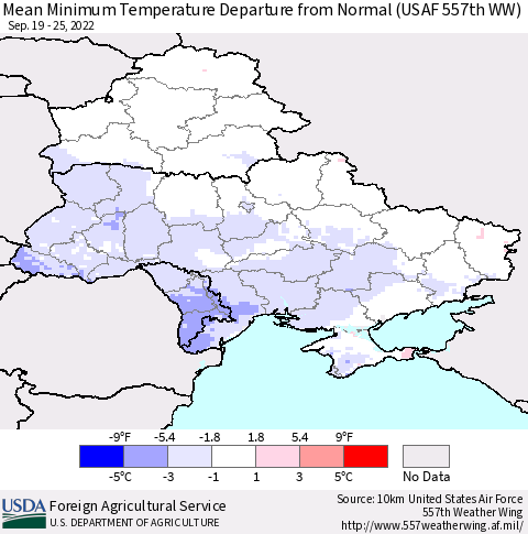Ukraine, Moldova and Belarus Mean Minimum Temperature Departure from Normal (USAF 557th WW) Thematic Map For 9/19/2022 - 9/25/2022