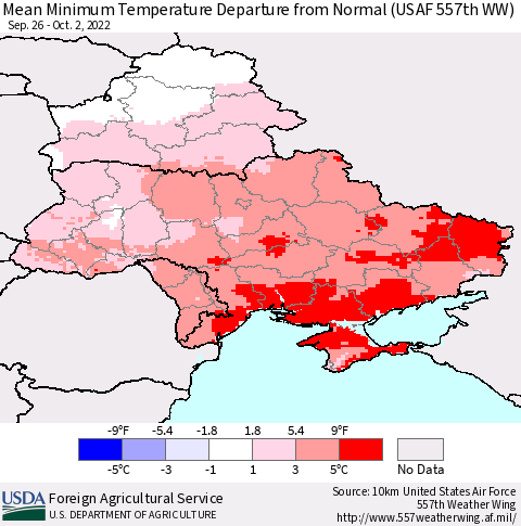 Ukraine, Moldova and Belarus Mean Minimum Temperature Departure from Normal (USAF 557th WW) Thematic Map For 9/26/2022 - 10/2/2022