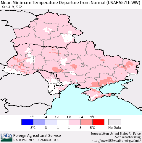 Ukraine, Moldova and Belarus Mean Minimum Temperature Departure from Normal (USAF 557th WW) Thematic Map For 10/3/2022 - 10/9/2022