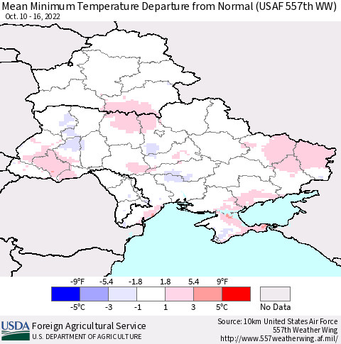 Ukraine, Moldova and Belarus Mean Minimum Temperature Departure from Normal (USAF 557th WW) Thematic Map For 10/10/2022 - 10/16/2022