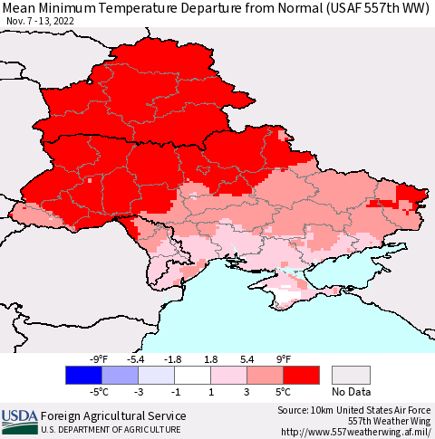 Ukraine, Moldova and Belarus Mean Minimum Temperature Departure from Normal (USAF 557th WW) Thematic Map For 11/7/2022 - 11/13/2022