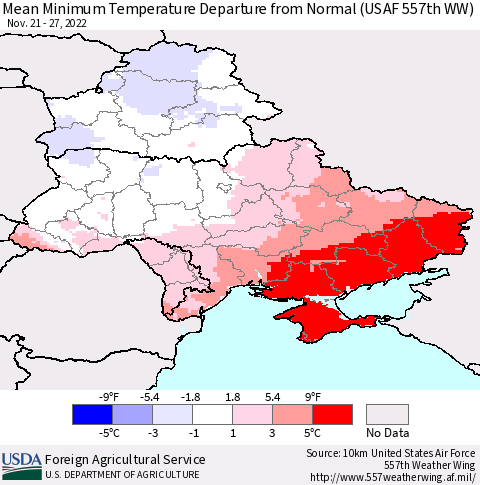Ukraine, Moldova and Belarus Mean Minimum Temperature Departure from Normal (USAF 557th WW) Thematic Map For 11/21/2022 - 11/27/2022