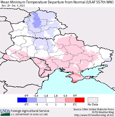 Ukraine, Moldova and Belarus Mean Minimum Temperature Departure from Normal (USAF 557th WW) Thematic Map For 11/28/2022 - 12/4/2022