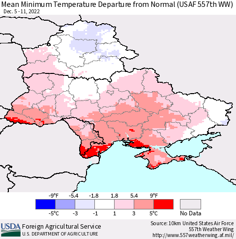 Ukraine, Moldova and Belarus Mean Minimum Temperature Departure from Normal (USAF 557th WW) Thematic Map For 12/5/2022 - 12/11/2022