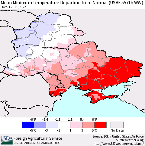 Ukraine, Moldova and Belarus Mean Minimum Temperature Departure from Normal (USAF 557th WW) Thematic Map For 12/12/2022 - 12/18/2022