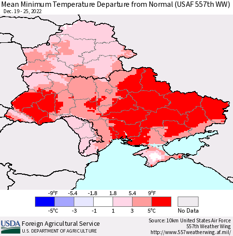 Ukraine, Moldova and Belarus Mean Minimum Temperature Departure from Normal (USAF 557th WW) Thematic Map For 12/19/2022 - 12/25/2022