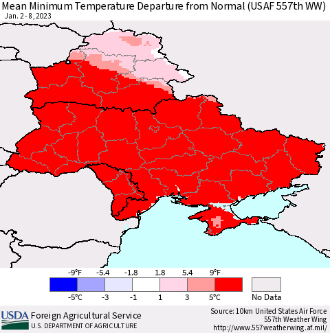 Ukraine, Moldova and Belarus Mean Minimum Temperature Departure from Normal (USAF 557th WW) Thematic Map For 1/2/2023 - 1/8/2023