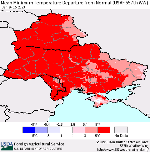 Ukraine, Moldova and Belarus Mean Minimum Temperature Departure from Normal (USAF 557th WW) Thematic Map For 1/9/2023 - 1/15/2023