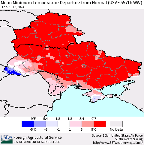 Ukraine, Moldova and Belarus Mean Minimum Temperature Departure from Normal (USAF 557th WW) Thematic Map For 2/6/2023 - 2/12/2023