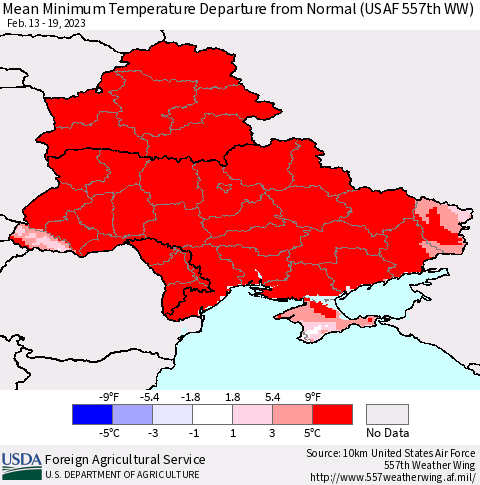 Ukraine, Moldova and Belarus Mean Minimum Temperature Departure from Normal (USAF 557th WW) Thematic Map For 2/13/2023 - 2/19/2023
