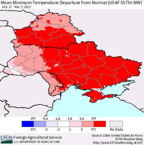 Ukraine, Moldova and Belarus Mean Minimum Temperature Departure from Normal (USAF 557th WW) Thematic Map For 2/27/2023 - 3/5/2023