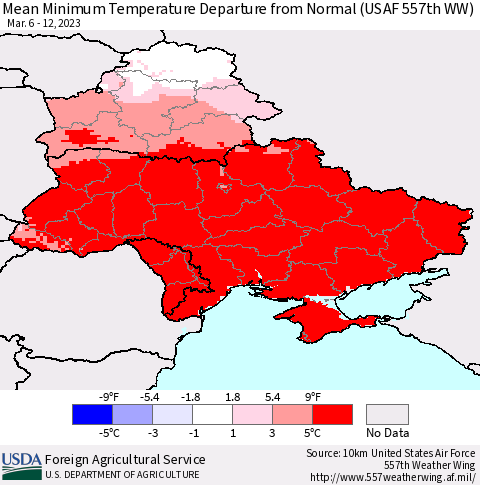 Ukraine, Moldova and Belarus Mean Minimum Temperature Departure from Normal (USAF 557th WW) Thematic Map For 3/6/2023 - 3/12/2023