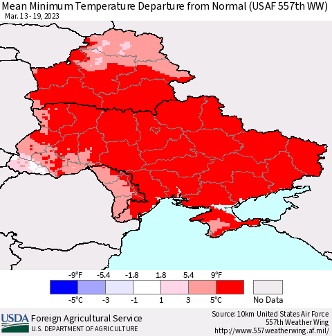 Ukraine, Moldova and Belarus Mean Minimum Temperature Departure from Normal (USAF 557th WW) Thematic Map For 3/13/2023 - 3/19/2023