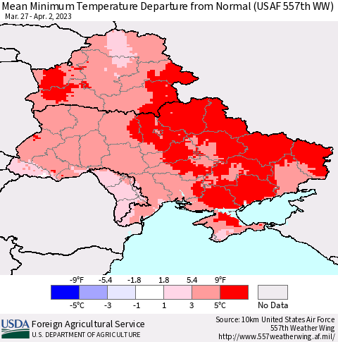 Ukraine, Moldova and Belarus Mean Minimum Temperature Departure from Normal (USAF 557th WW) Thematic Map For 3/27/2023 - 4/2/2023