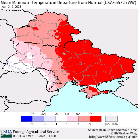 Ukraine, Moldova and Belarus Mean Minimum Temperature Departure from Normal (USAF 557th WW) Thematic Map For 4/3/2023 - 4/9/2023