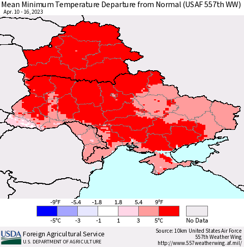 Ukraine, Moldova and Belarus Mean Minimum Temperature Departure from Normal (USAF 557th WW) Thematic Map For 4/10/2023 - 4/16/2023