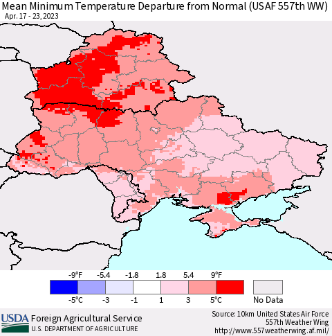 Ukraine, Moldova and Belarus Mean Minimum Temperature Departure from Normal (USAF 557th WW) Thematic Map For 4/17/2023 - 4/23/2023