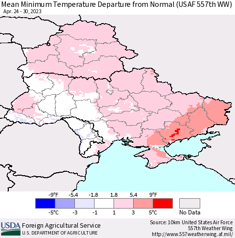 Ukraine, Moldova and Belarus Mean Minimum Temperature Departure from Normal (USAF 557th WW) Thematic Map For 4/24/2023 - 4/30/2023