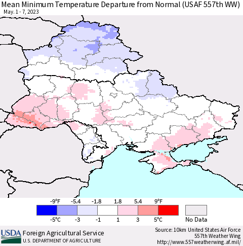 Ukraine, Moldova and Belarus Mean Minimum Temperature Departure from Normal (USAF 557th WW) Thematic Map For 5/1/2023 - 5/7/2023