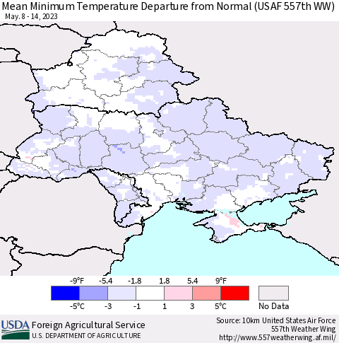 Ukraine, Moldova and Belarus Mean Minimum Temperature Departure from Normal (USAF 557th WW) Thematic Map For 5/8/2023 - 5/14/2023