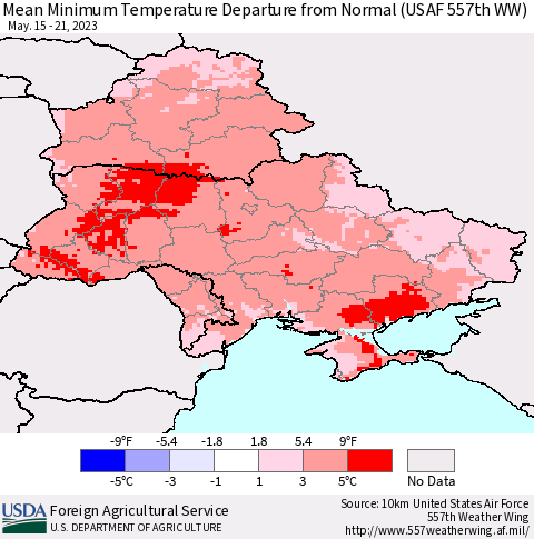 Ukraine, Moldova and Belarus Mean Minimum Temperature Departure from Normal (USAF 557th WW) Thematic Map For 5/15/2023 - 5/21/2023