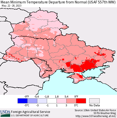 Ukraine, Moldova and Belarus Mean Minimum Temperature Departure from Normal (USAF 557th WW) Thematic Map For 5/22/2023 - 5/28/2023