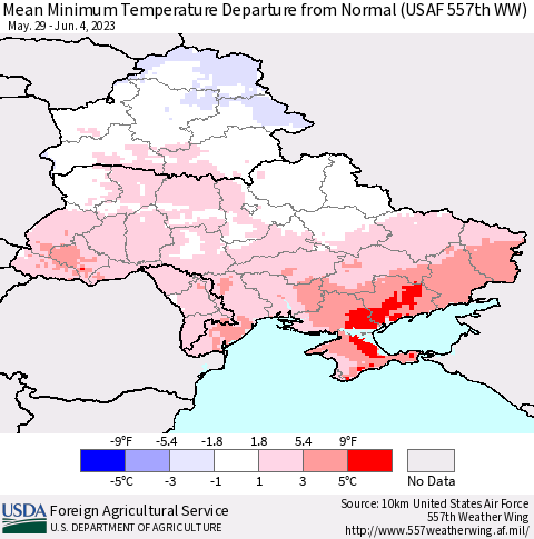 Ukraine, Moldova and Belarus Mean Minimum Temperature Departure from Normal (USAF 557th WW) Thematic Map For 5/29/2023 - 6/4/2023