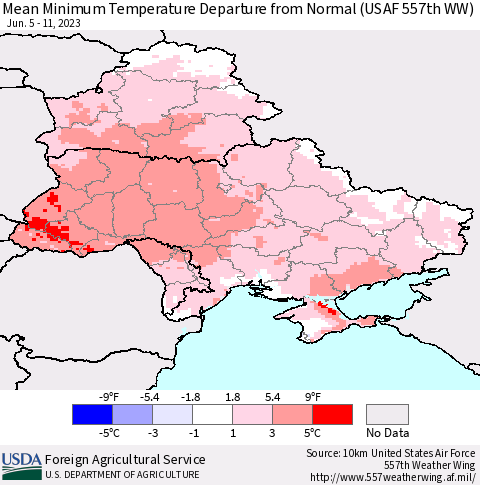 Ukraine, Moldova and Belarus Mean Minimum Temperature Departure from Normal (USAF 557th WW) Thematic Map For 6/5/2023 - 6/11/2023