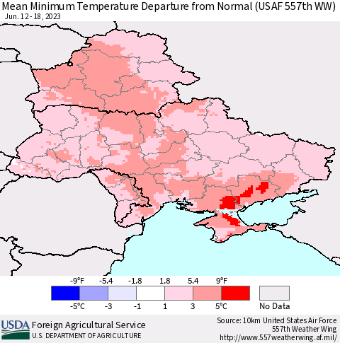 Ukraine, Moldova and Belarus Mean Minimum Temperature Departure from Normal (USAF 557th WW) Thematic Map For 6/12/2023 - 6/18/2023