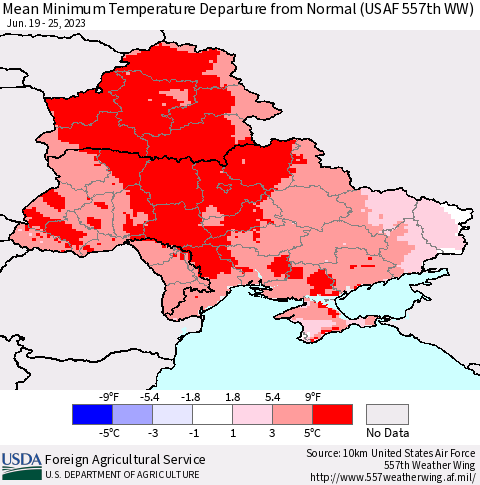 Ukraine, Moldova and Belarus Mean Minimum Temperature Departure from Normal (USAF 557th WW) Thematic Map For 6/19/2023 - 6/25/2023