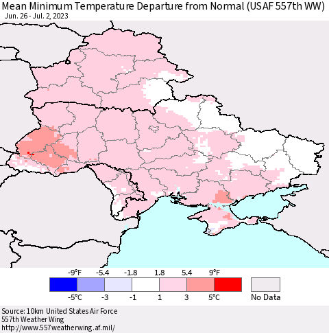 Ukraine, Moldova and Belarus Mean Minimum Temperature Departure from Normal (USAF 557th WW) Thematic Map For 6/26/2023 - 7/2/2023