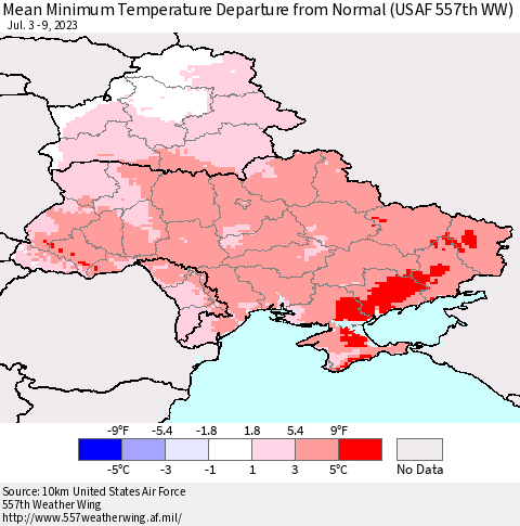Ukraine, Moldova and Belarus Mean Minimum Temperature Departure from Normal (USAF 557th WW) Thematic Map For 7/3/2023 - 7/9/2023