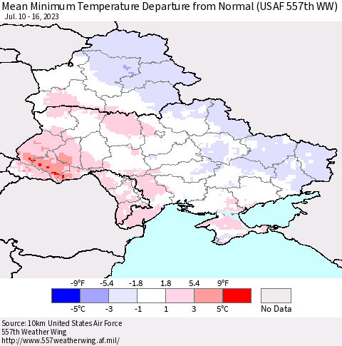 Ukraine, Moldova and Belarus Mean Minimum Temperature Departure from Normal (USAF 557th WW) Thematic Map For 7/10/2023 - 7/16/2023