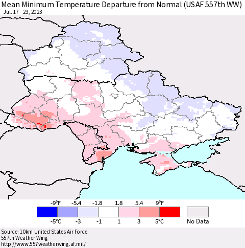 Ukraine, Moldova and Belarus Mean Minimum Temperature Departure from Normal (USAF 557th WW) Thematic Map For 7/17/2023 - 7/23/2023