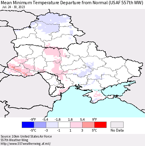 Ukraine, Moldova and Belarus Mean Minimum Temperature Departure from Normal (USAF 557th WW) Thematic Map For 7/24/2023 - 7/30/2023