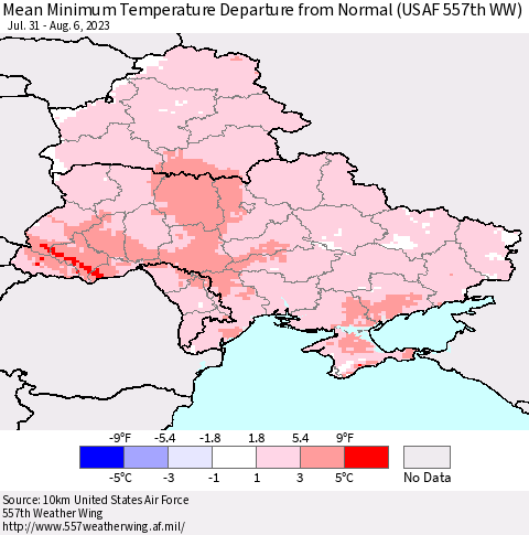 Ukraine, Moldova and Belarus Mean Minimum Temperature Departure from Normal (USAF 557th WW) Thematic Map For 7/31/2023 - 8/6/2023