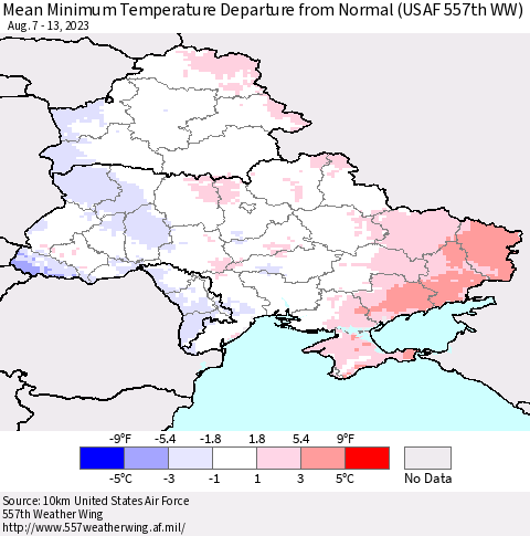 Ukraine, Moldova and Belarus Mean Minimum Temperature Departure from Normal (USAF 557th WW) Thematic Map For 8/7/2023 - 8/13/2023
