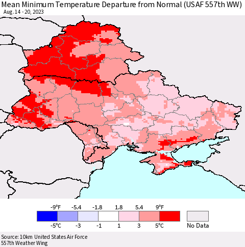 Ukraine, Moldova and Belarus Mean Minimum Temperature Departure from Normal (USAF 557th WW) Thematic Map For 8/14/2023 - 8/20/2023