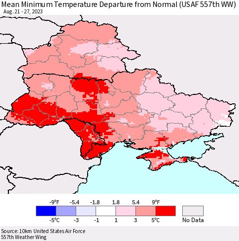 Ukraine, Moldova and Belarus Mean Minimum Temperature Departure from Normal (USAF 557th WW) Thematic Map For 8/21/2023 - 8/27/2023