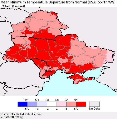 Ukraine, Moldova and Belarus Mean Minimum Temperature Departure from Normal (USAF 557th WW) Thematic Map For 8/28/2023 - 9/3/2023