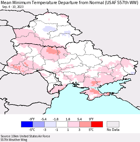 Ukraine, Moldova and Belarus Mean Minimum Temperature Departure from Normal (USAF 557th WW) Thematic Map For 9/4/2023 - 9/10/2023