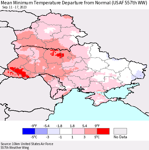 Ukraine, Moldova and Belarus Mean Minimum Temperature Departure from Normal (USAF 557th WW) Thematic Map For 9/11/2023 - 9/17/2023